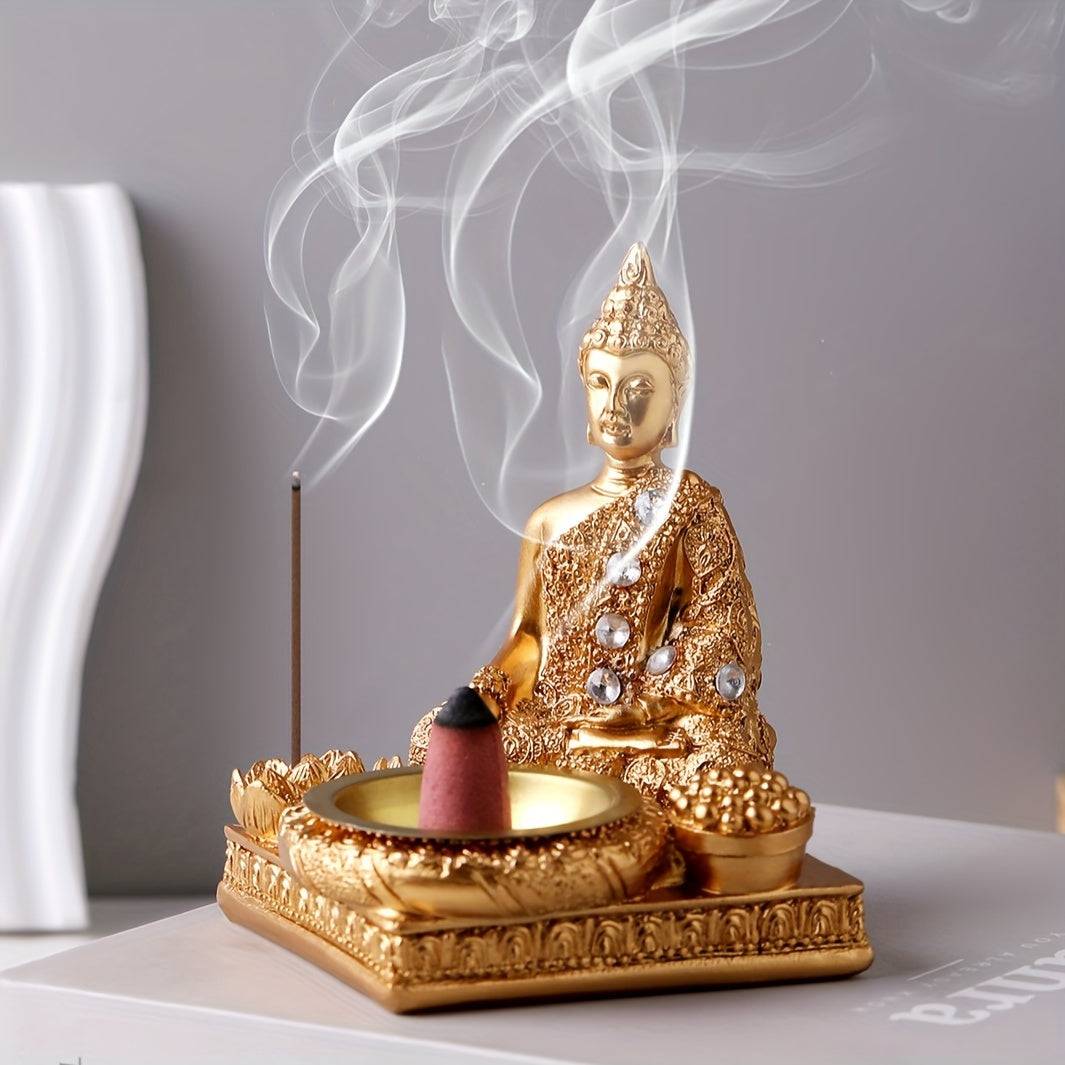 Incensário Buda Dourado com Base de Incenso Cascata
